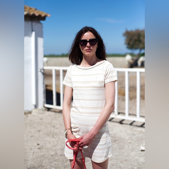 Sezane Diane Dress Beige Gold Cream Striped Mini Dress Size Medium Quiet Luxury - Picture 14 of 14